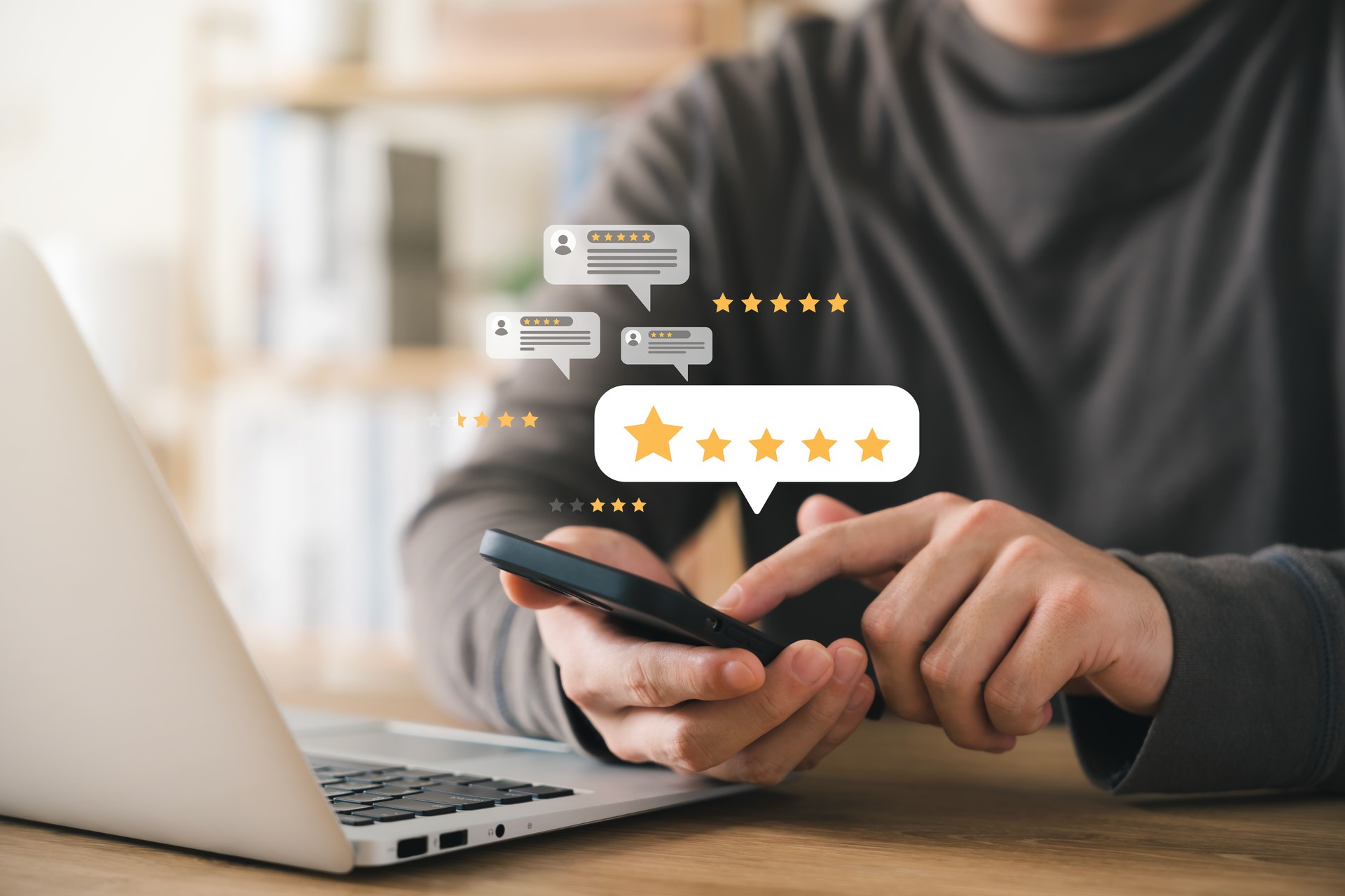 Customer Satisfaction Survey concept, 5-star satisfaction, service experience rating online application, customer evaluation product service quality, satisfaction feedback review, good quality most.